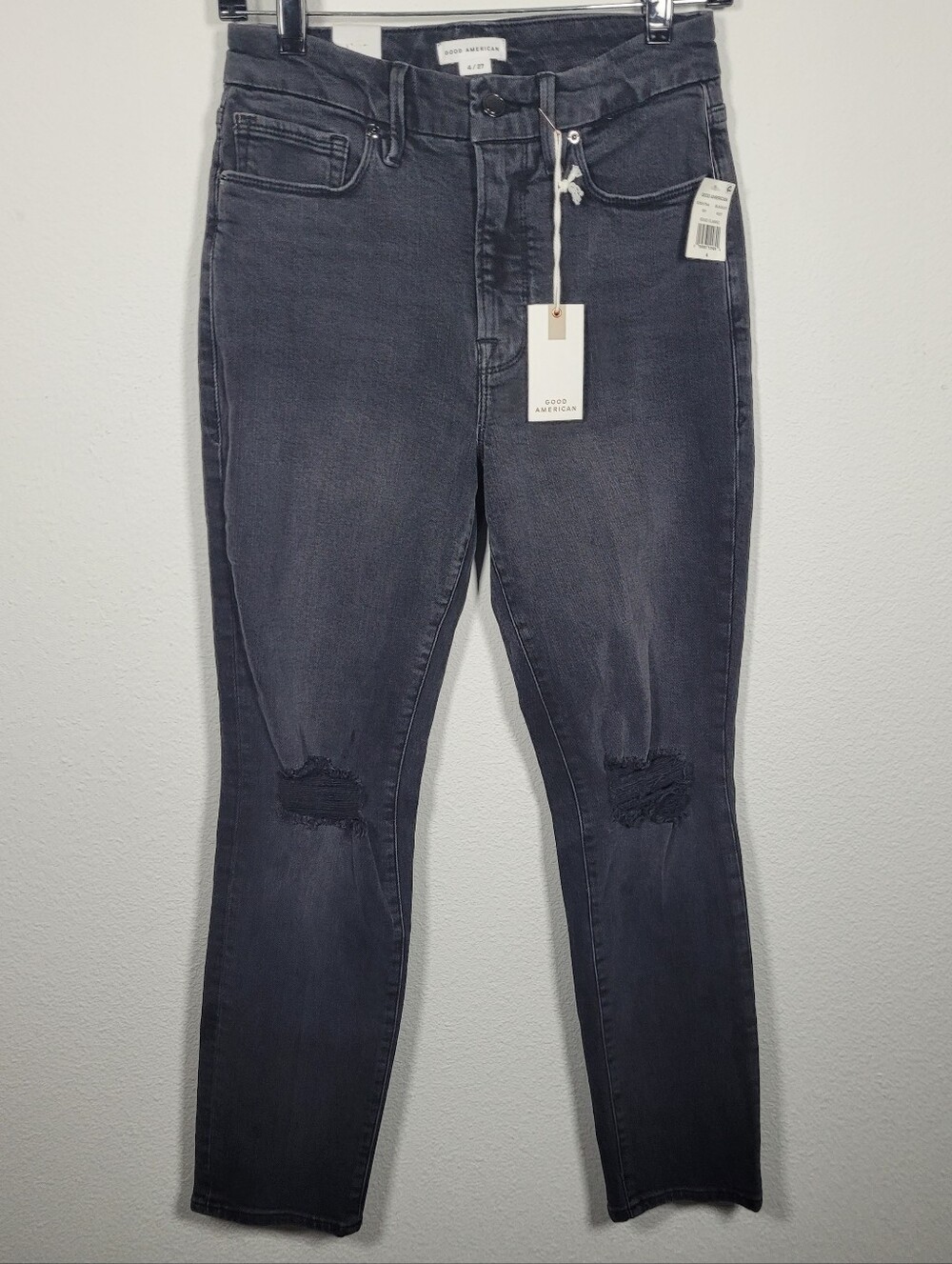 Good American Good Classic High Rise Skinny Jeans Charcoal Black Distressed 4/27